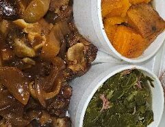 Enjoy a delicious 1 Meat Dinner from Fat Boyz Soul Food in Wichita, Kansas. Choose from tender smoked chicken, turkey legs, oxtails, or other favorites, paired with two classic sides. Available for delivery through Uber Eats, Grubhub, and DoorDash. Perfect for a satisfying meal at home.