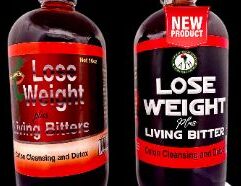 Lose Weight Plus Living Bitters is a 16 oz herbal detox formula designed to support colon cleansing and weight management. Made with Green Tea, Ginger, Rose Petal Water, Ginseng, Dandelion, Peppermint, Guarana, Aloe, Cascara, and Coleus Forskohlii. Adults take 1 oz twice daily or as directed by a healthcare provider. Available now for pickup in Wichita KS or shipped nationwide.