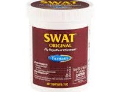 Farnam's Swat Original Pink Fly Repellent Ointment is designed to protect open wounds, sores and sensitive areas on your horse from flies. Soothing Swat is great for irritations that flies can cause on the midline of the belly, around (but not applied directly to) wounds, and around the face. 7 oz jar Pink Original Formula (Clear SWAT is also available at Mary's) May be used on horses, ponies and dogs over 12 weeks of age Contains pyrethrins, piperonyl butoxide & di-n-propyl isocinchomeronate Effective for hours, Swat, in this pink formula, provides visible, added protection from flies to areas on your horse that need more coverage than a spray can provide. SWAT Original Pink Fly Repellent Ointment is one of those tried-and-true horse care products you need to have at the ready!